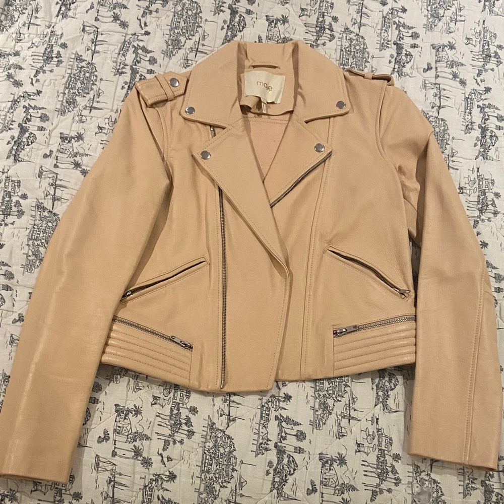 Maje Tan Leather Biker Jacket